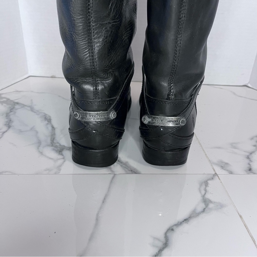 Frye Lindsay Plate Tall Boots Black Leather Size 7 Classic Moto Equestrian - Picture 8 of 10